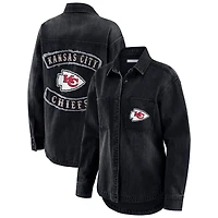 Women's WEAR by Erin Andrews Black Kansas City Chiefs Washed Oversized Denim Full-Snap Shacket
