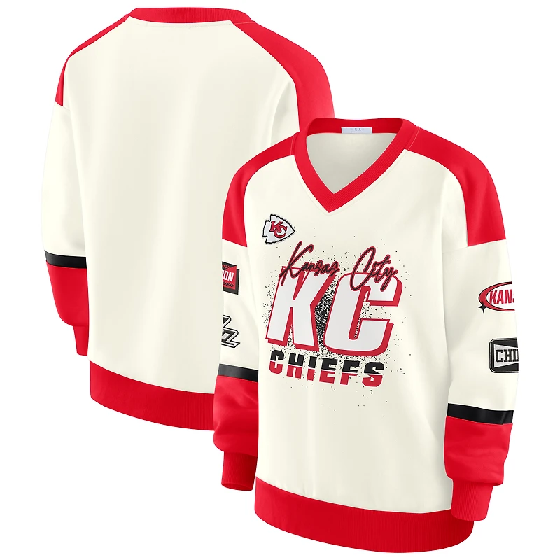 Women's WEAR by Erin Andrews  Cream Kansas City Chiefs Racing Crew V-Neck Sweatshirt