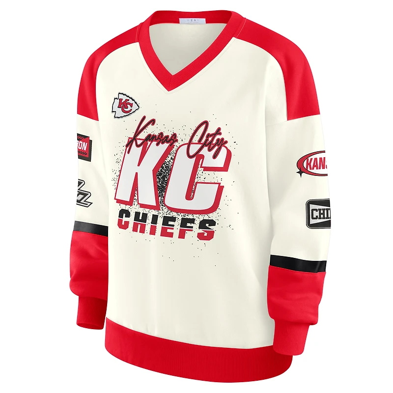 Women's WEAR by Erin Andrews Cream Kansas City Chiefs Racing Crew V-Neck Sweatshirt