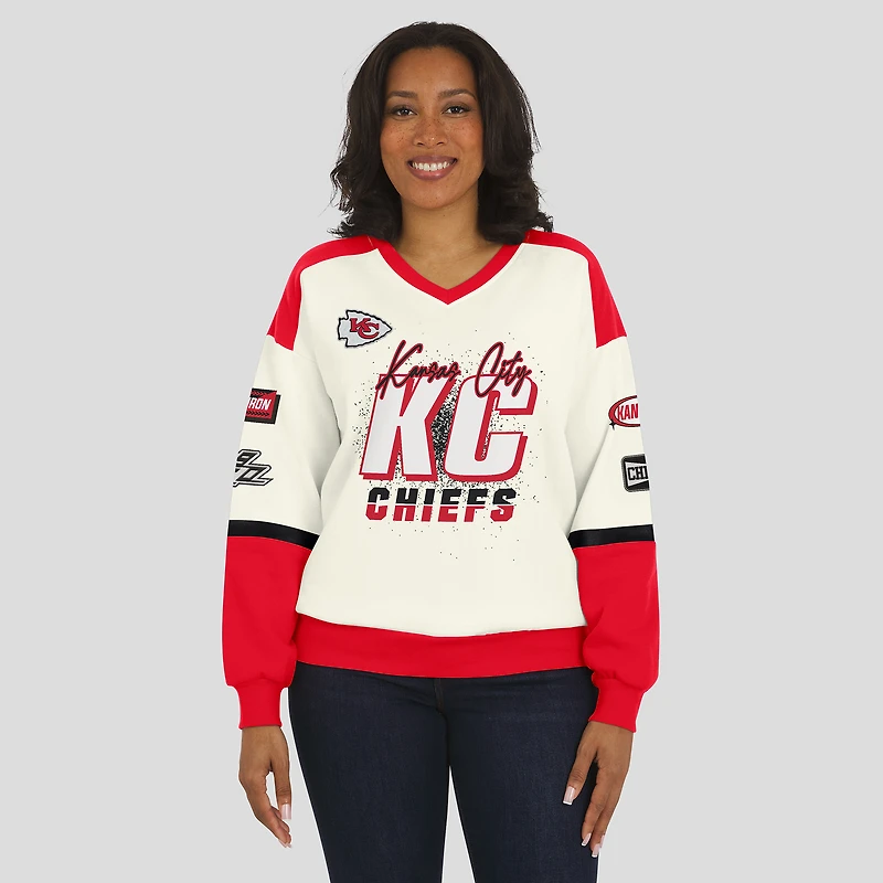 Women's WEAR by Erin Andrews  Cream Kansas City Chiefs Racing Crew V-Neck Sweatshirt