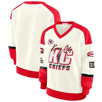 Women's WEAR by Erin Andrews  Cream Kansas City Chiefs Racing Crew V-Neck Sweatshirt