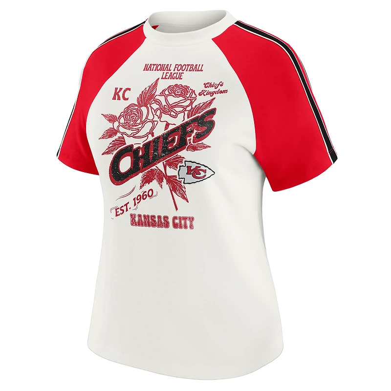 T-shirt raglan blanc à rayures et manches vieillies pour femme WEAR by Erin Andrews des Chiefs de Kansas City