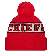 Bonnet en tricot à revers rétro Kansas City Chiefs rouge New Era pour jeune avec pompon