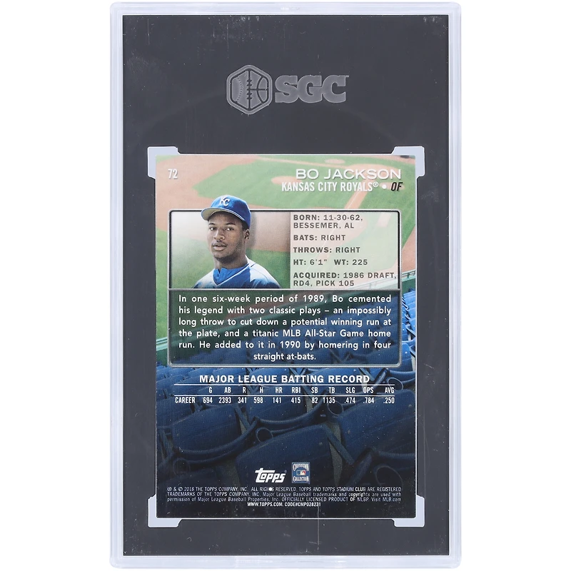 Bo Jackson Kansas City Royals 2018 Topps Stadium Club Members Only #72 SGC Authenticated 9.5 Card