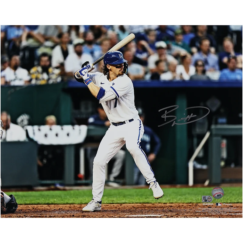 Photographie autographiée de Bobby Witt Jr. des Royals de Kansas City, maillot blanc, position de frappe, 16" x 20"