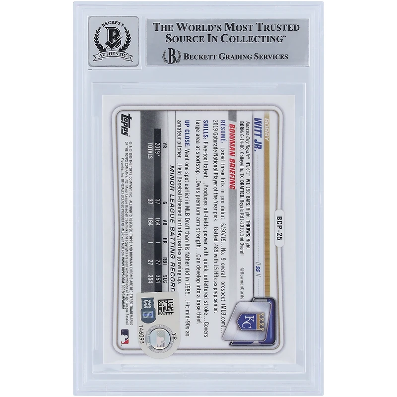 Bobby Witt Jr. Kansas City Royals a autographié la carte de recrue 10 authentifiée Bowman Chrome Prospects #BCP-25 2020 de Beckett Fanatics