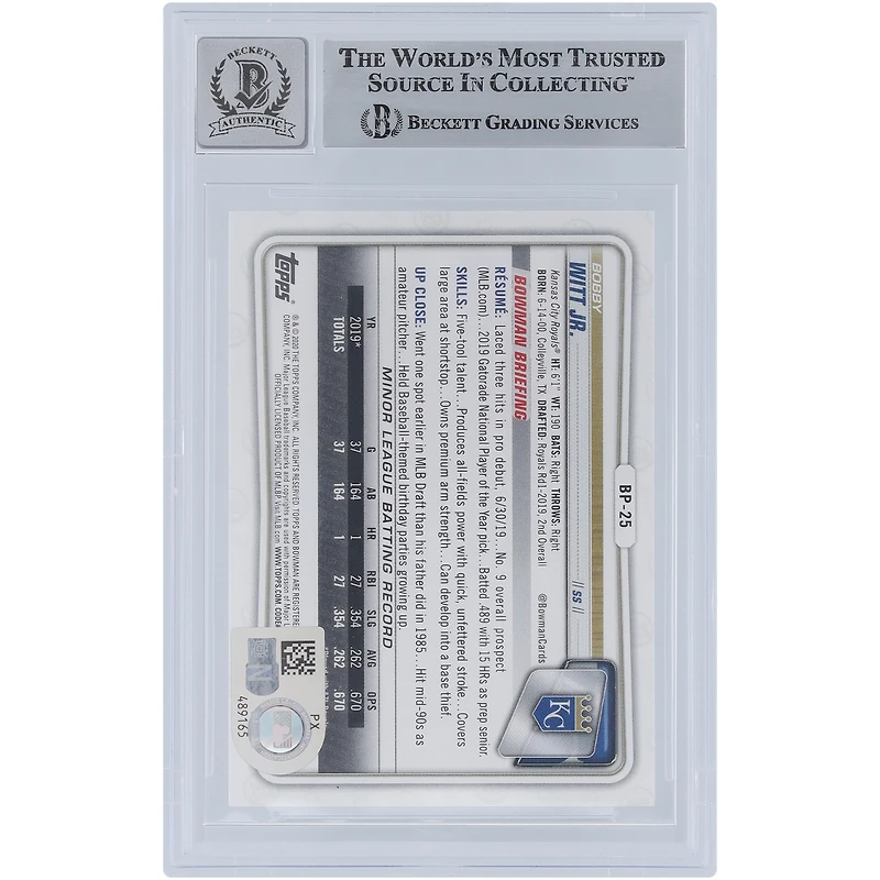Bobby Witt Jr. Kansas City Royals Autographié 2020 Bowman Prospects 1er Bowman #BP-25 Beckett Fanatics Témoin Authentifié 10 Carte