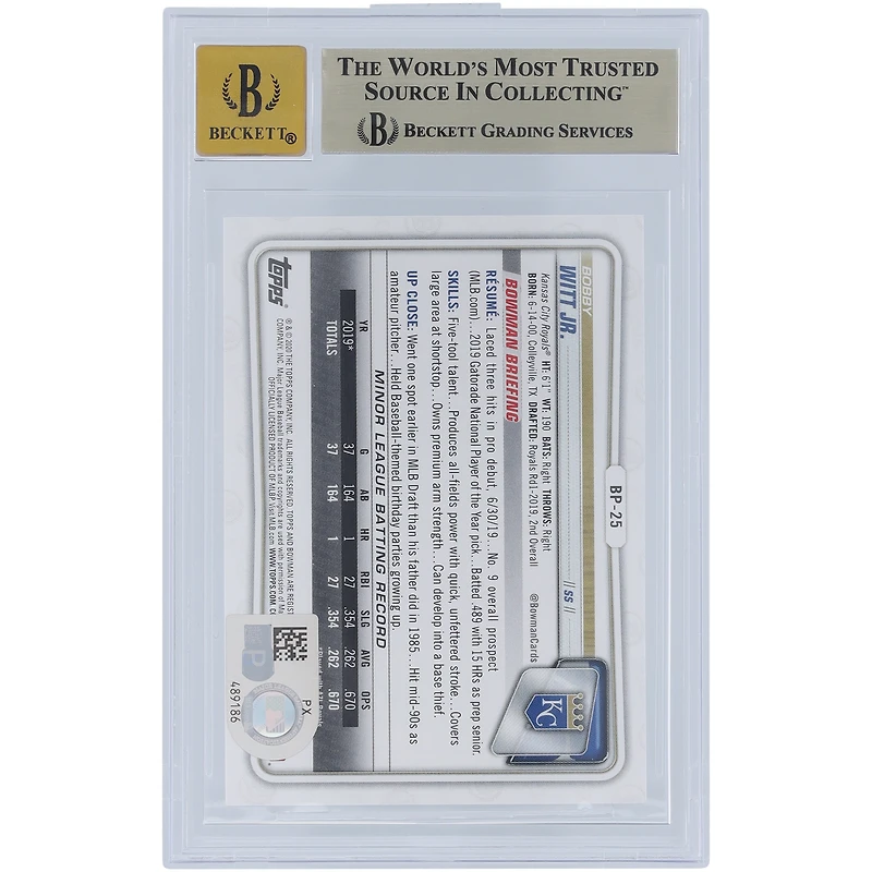 Bobby Witt Jr. Kansas City Royals Autographié 2020 Bowman Prospects 1er Bowman #BP-25 Beckett Fanatics Witnessed Authenticated 9.5/10 Card