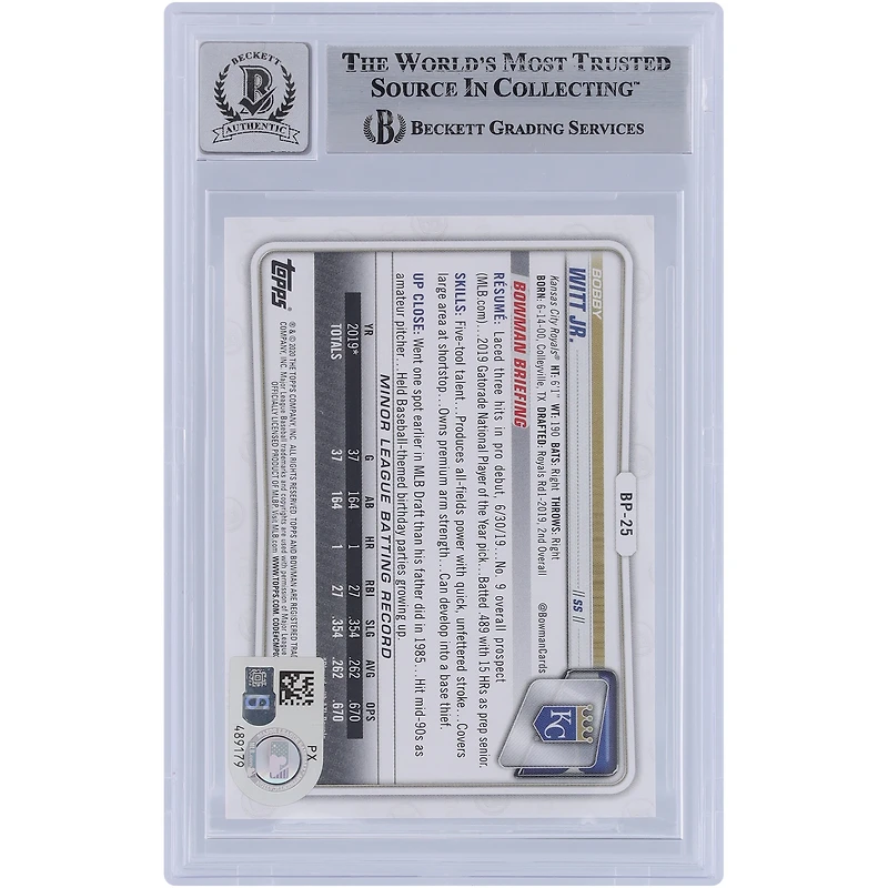 Bobby Witt Jr. Kansas City Royals autographié 2020 Bowman Prospects #BP-25 Beckett Fanatics Witnessed Authenticated 9/10 Card