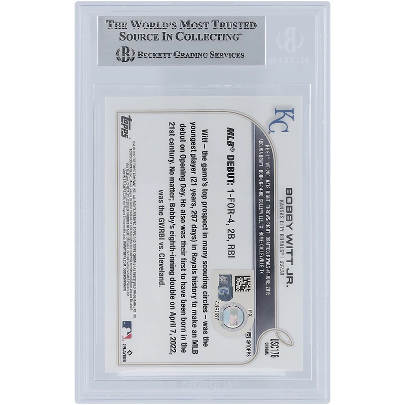 Bobby Witt Jr. Kansas City Royals autographié 2022 Topps Chrome #USC176 Beckett Fanatics a vu une carte de recrue authentifiée