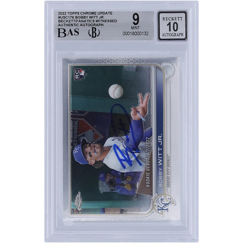 Bobby Witt Jr. Kansas City Royals autographié 2022 Topps Chrome Update #USC176 Beckett Fanatics a été témoin d'une carte recrue authentifiée 9/10
