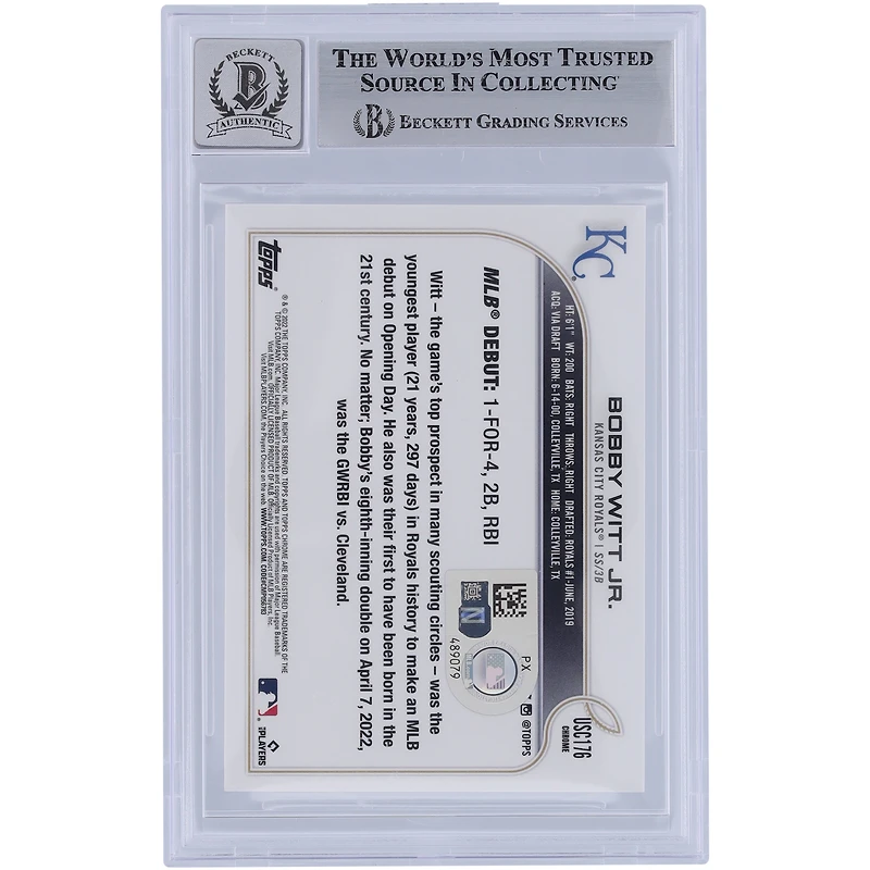 Bobby Witt Jr. Kansas City Royals autographié 2022 Topps Chrome Update #USC176 Beckett Fanatics a été témoin d'une carte recrue authentifiée 9/10