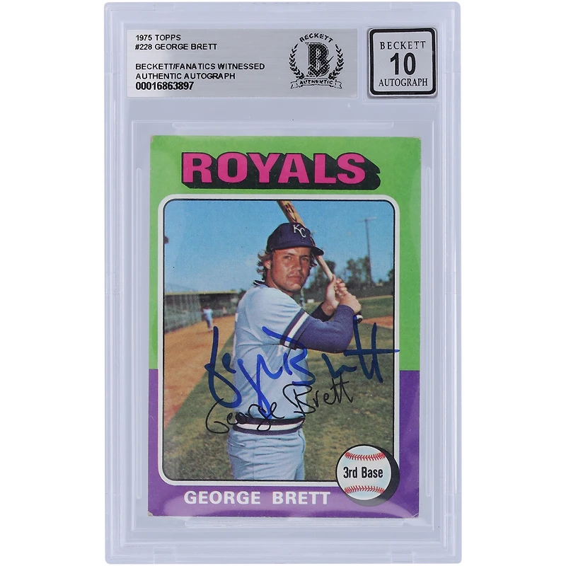 Carte de recrue numéro 10 autographiée par George Brett des Royals de Kansas City en 1975 Topps #228 Beckett, les fanatiques ont été témoins