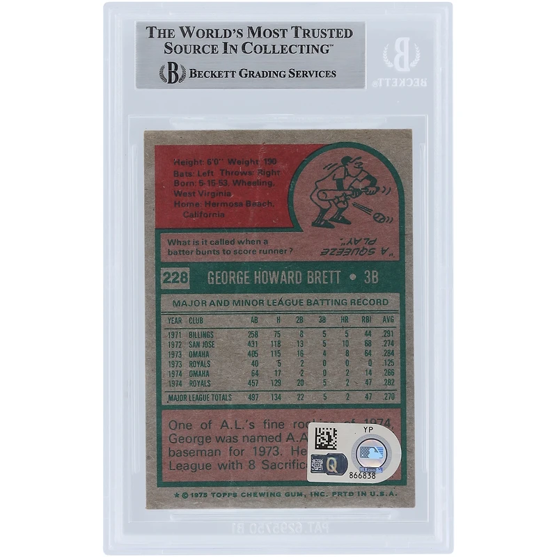 Carte de recrue authentifiée autographiée par George Brett des Royals de Kansas City en 1975 Topps #228 Beckett Fanatics