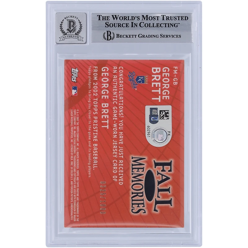 George Brett Kansas City Royals Autographié 2002 Topps Pristine Fall Memories Jersey Relic #FM-GB #/1000 Beckett Fanatics Witnessed Authenticated Card