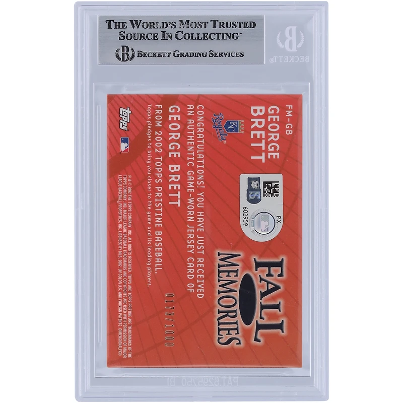 George Brett Kansas City Royals Autographed 2002 Topps Pristine Fall Memories Jersey Relic #FM-GB #/1000 Beckett Fanatics Witnessed Authenticated Card