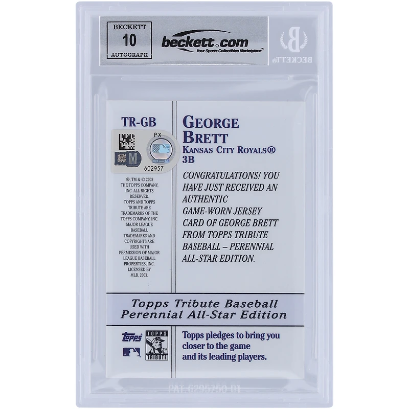 George Brett Kansas City Royals Autographié 2003 Topps Tribute Perennial All-Star Jersey Relic #TR-GB Beckett Fanatics Witnessed Authenticed 10 Card