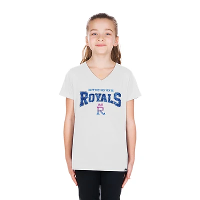 T-shirt à col en V sequins réversibles New Era blanc Kansas City Royals 2026 pour filles et jeunes
