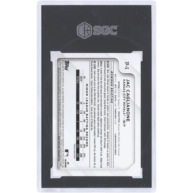 Jac Caglianone Kansas City Royals 2025 Topps The National Red Refractor Top Prospect #TP-5 #1/5 SGC Authentifié 10 Carte