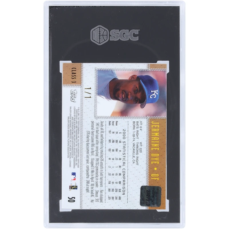 Carte de Jermaine Dye, Kansas City Royals, 2001 Topps Gold Label Class 3 Masterpiece n° 50, authentifiée SGC (n° 1/1).