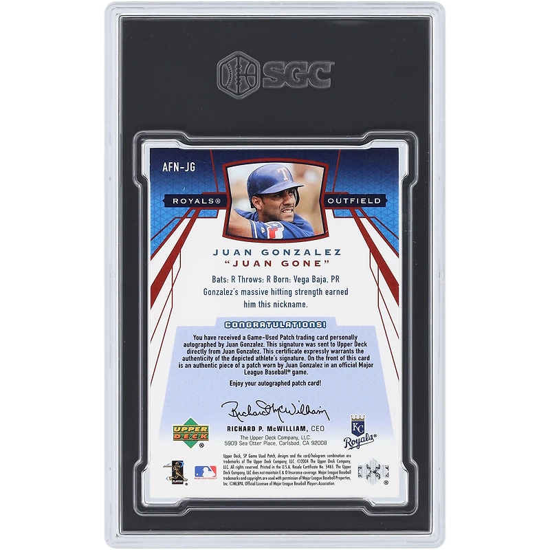 Juan González Kansas City Royals Autographed 2004 Upper Deck SP Game Used Famous Nicknames Patch Tri-Color Relic #AFN-JG #32/50 SGC Authenticated 8.5 Card