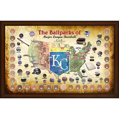 Collage encadré de la carte des parcs de la MLB de 20" x 32" des Royals de Kansas City avec de la terre utilisée lors des matchs des 30 stades