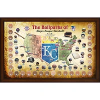 Collage encadré de la carte des parcs de la MLB de 20" x 32" des Royals de Kansas City avec de la terre utilisée lors des matchs des 30 stades