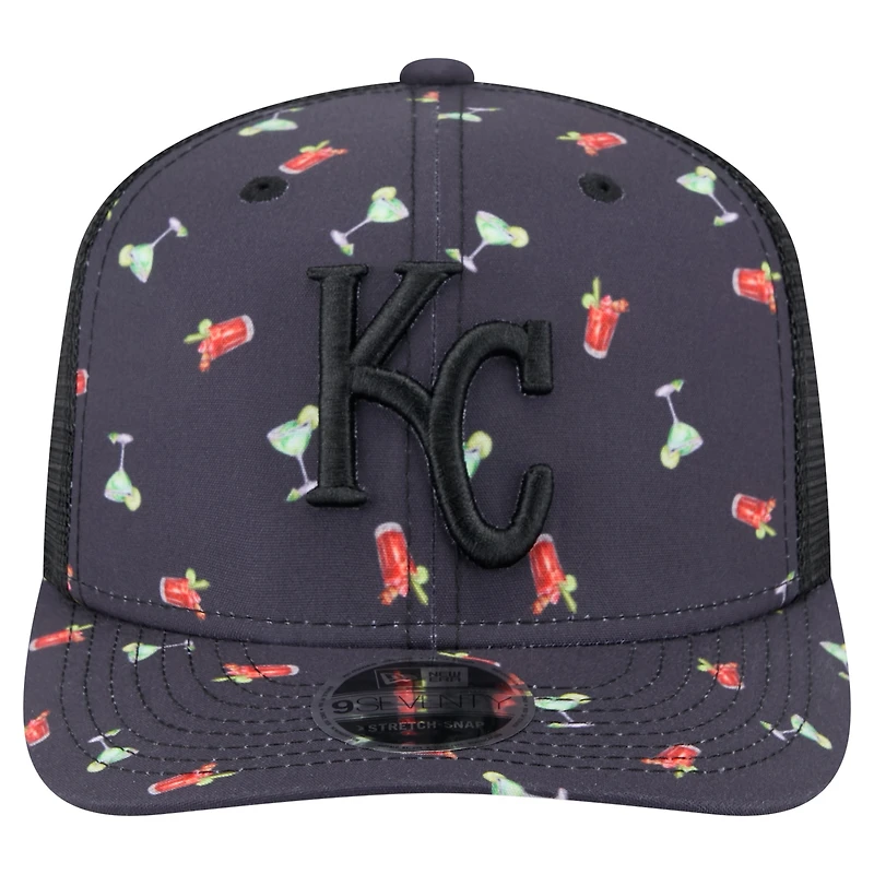 Men's New Era Black Kansas City Royals Adventure Drinks Pattern 9SEVENTY Stretch-Snap Hat