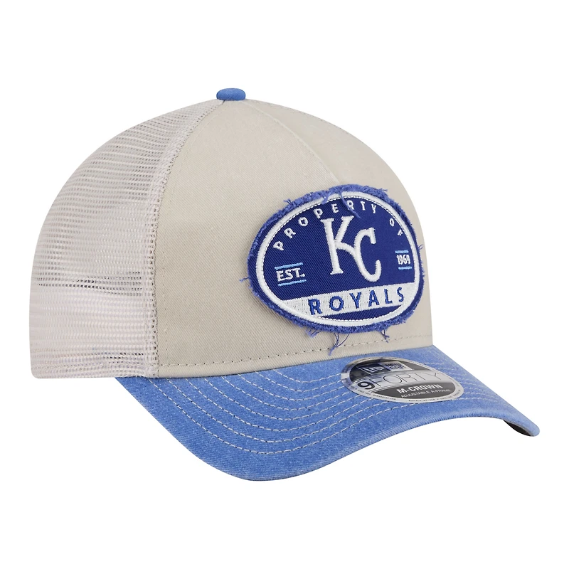Men's New Era  Light Beige/Royal Kansas City Royals Frayed M-Crown A-Frame 9FORTY Trucker Adjustable Hat