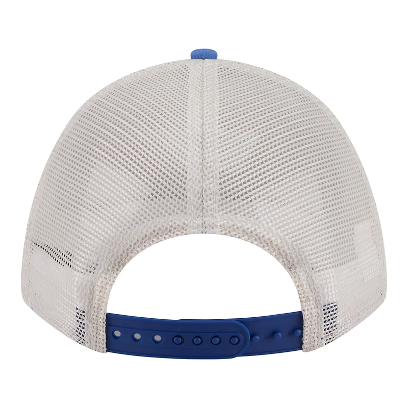 Casquette trucker New Era 9FORTY pour homme, beige clair/bleu roi, Kansas City Royals, modèle Frayed M-Crown A-Frame. Modèle ajustable.