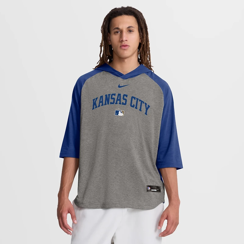T-shirt à capuche raglan 3/4 manches Nike Authentic Collection Flux Dri-FIT pour homme, gris, Kansas City Royals