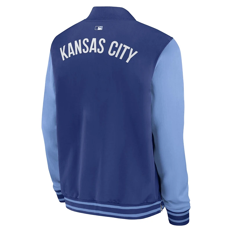 Veste aviateur Nike Kansas City Royals Authentic Collection Dugout décontractée entièrement zippée pour homme, bleu royal/bleu clair