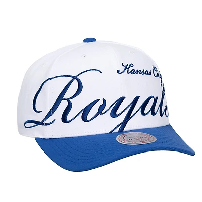 Casquette unisexe Mitchell & Ness blanche/bleu roi Kansas City Royals, taille XL, modèle Pro Crown ajustable
