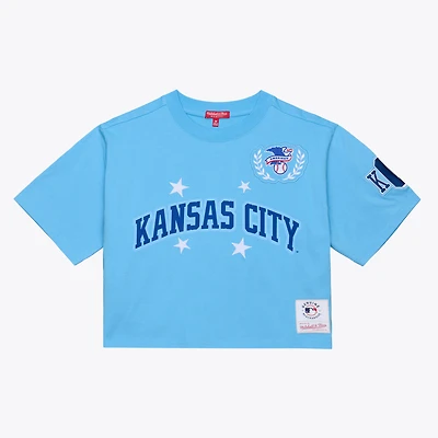 T-shirt court et carré Mitchell & Ness bleu clair pour femme, Kansas City Royals Pep Rally