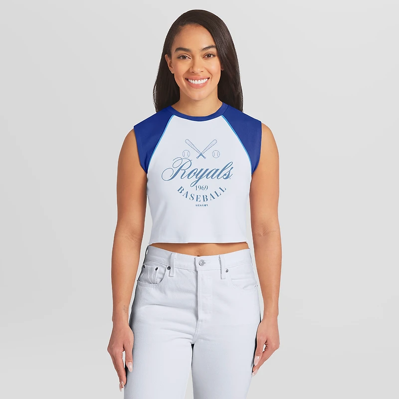 Women's WEAR by Erin Andrews White Kansas City Royals Cooperstown Cropped Raglan Tank Top