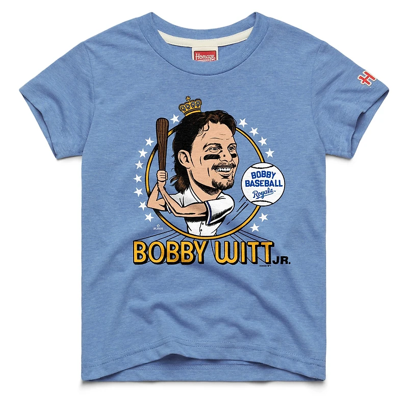 T-shirt en mélange de trois matières, hommage à Bobby Witt Jr., bleu clair, Kansas City Royals, caricature