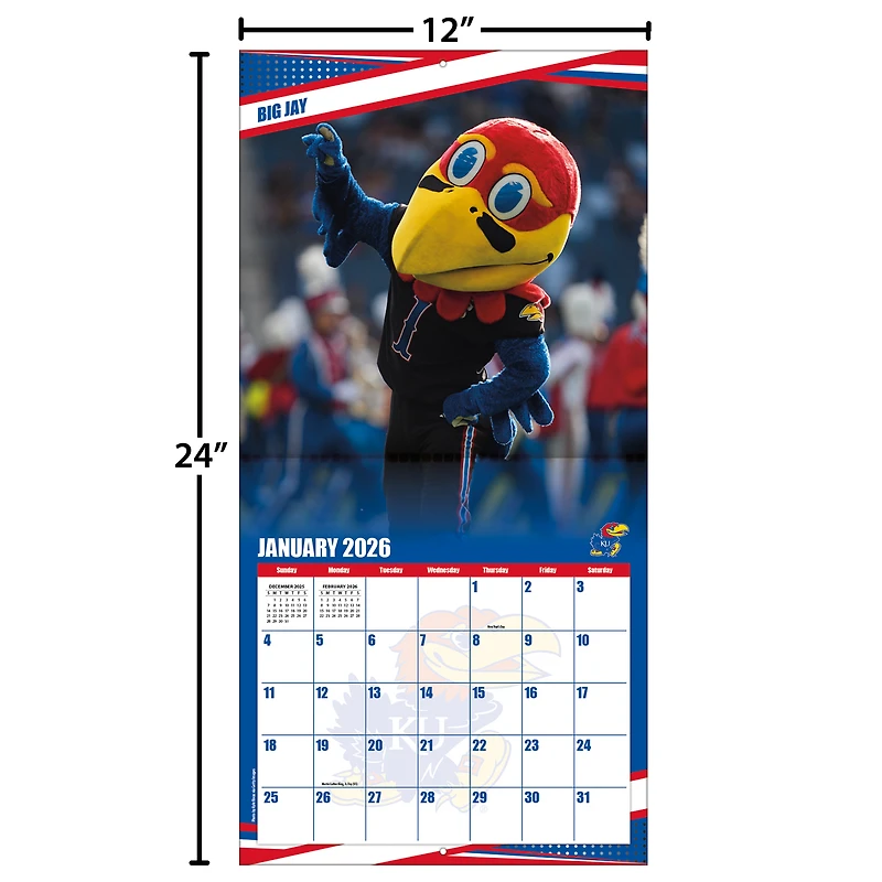 Calendrier mural 2026 des Kansas Jayhawks (12 x 12 po)