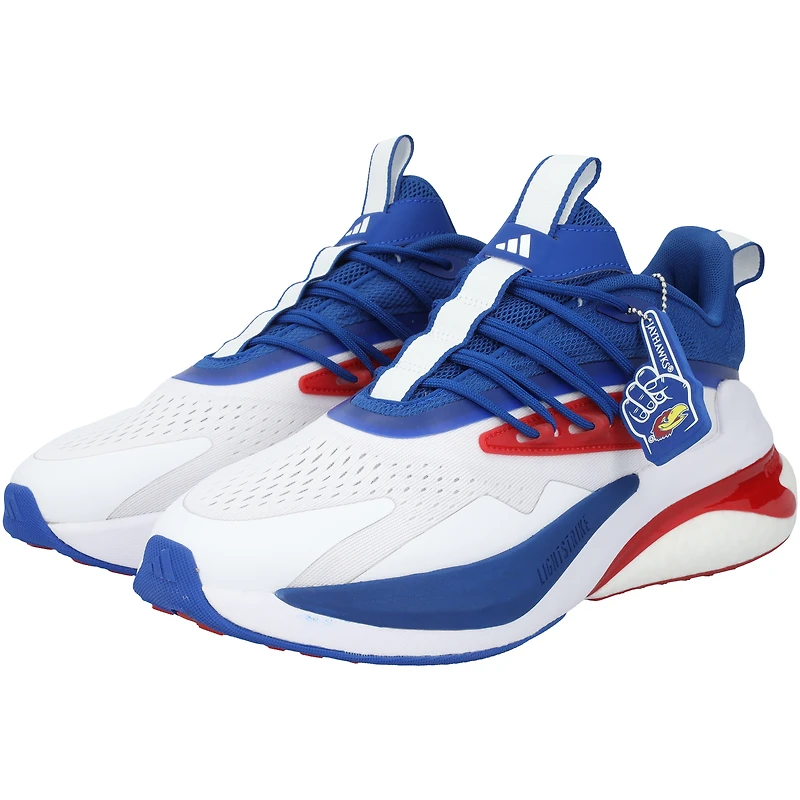 Chaussures adidas AlphaBoost V2 blanches/bleues marines du programme d'athlétisme des Kansas Jayhawks