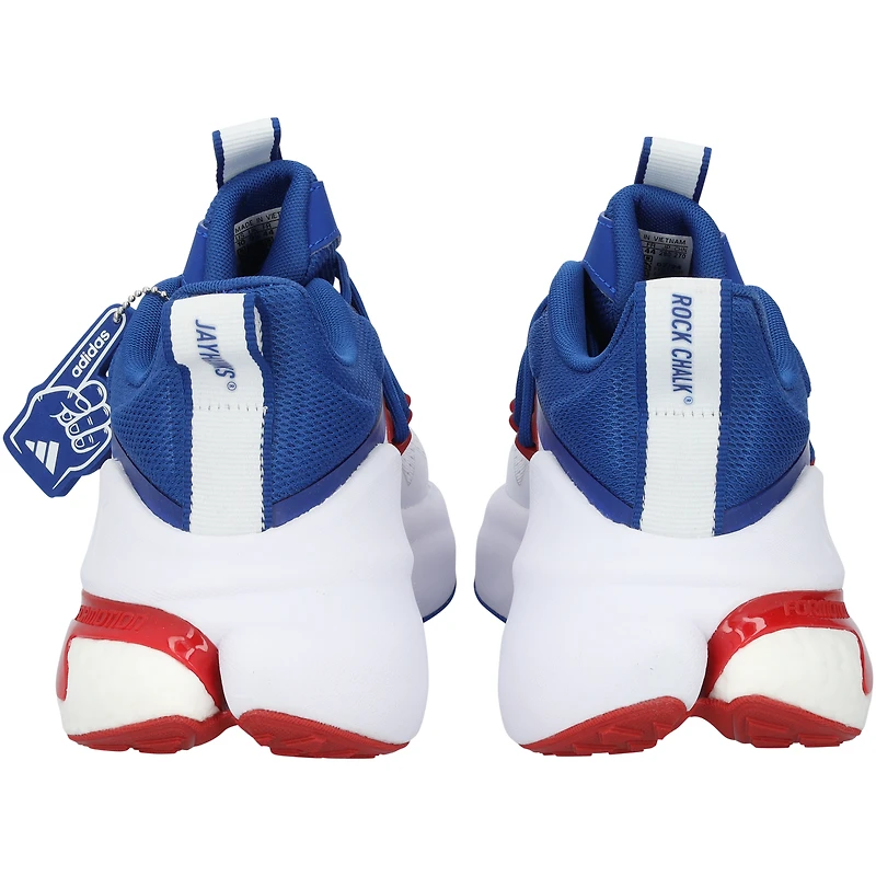 Chaussures adidas AlphaBoost V2 blanches/bleues marines du programme d'athlétisme des Kansas Jayhawks