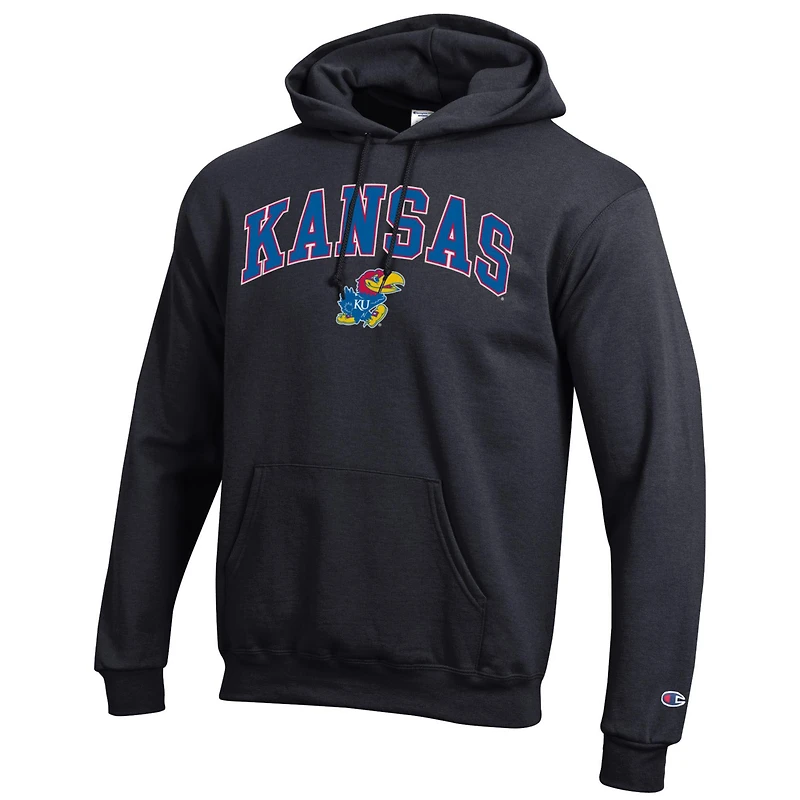 Sweat à capuche noir Champion pour homme avec logo Arch Over des Kansas Jayhawks
