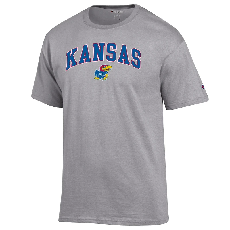 T-shirt Champion pour homme, gris chiné, Kansas Jayhawks, logo arqué