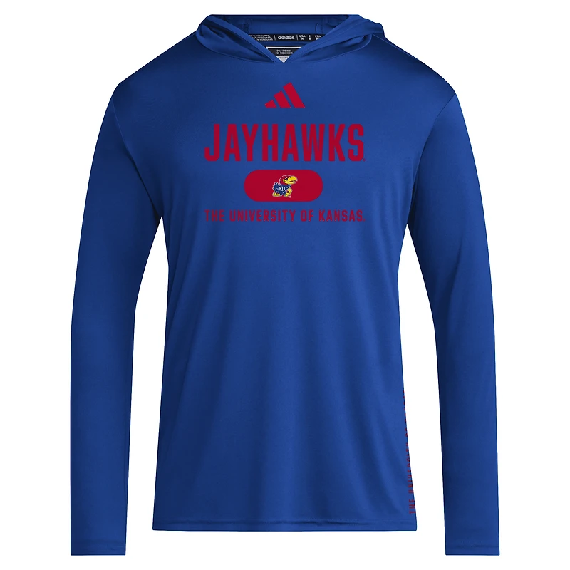 Men's adidas Royal Kansas Jayhawks 2024 Sideline Hooded Long Sleeve T-Shirt