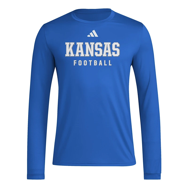 T-shirt d'entraînement de football américain à manches longues pour homme adidas Royal Kansas Jayhawks