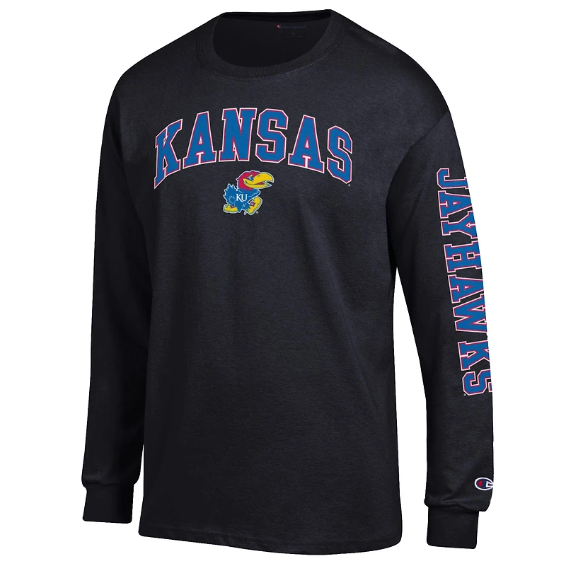 Men's Champion  Black Kansas Jayhawks Arch Over Logo 2-Hit Long Sleeve T-Shirt