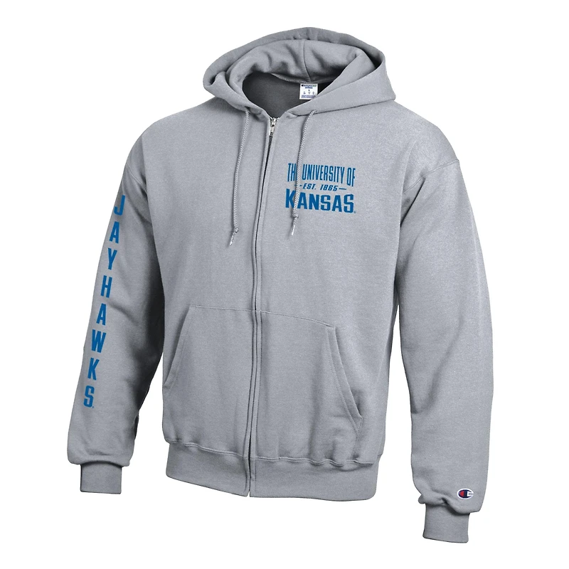 Sweat à capuche zippé en polaire Champion gris Kansas Jayhawks Varsity Powerblend pour homme