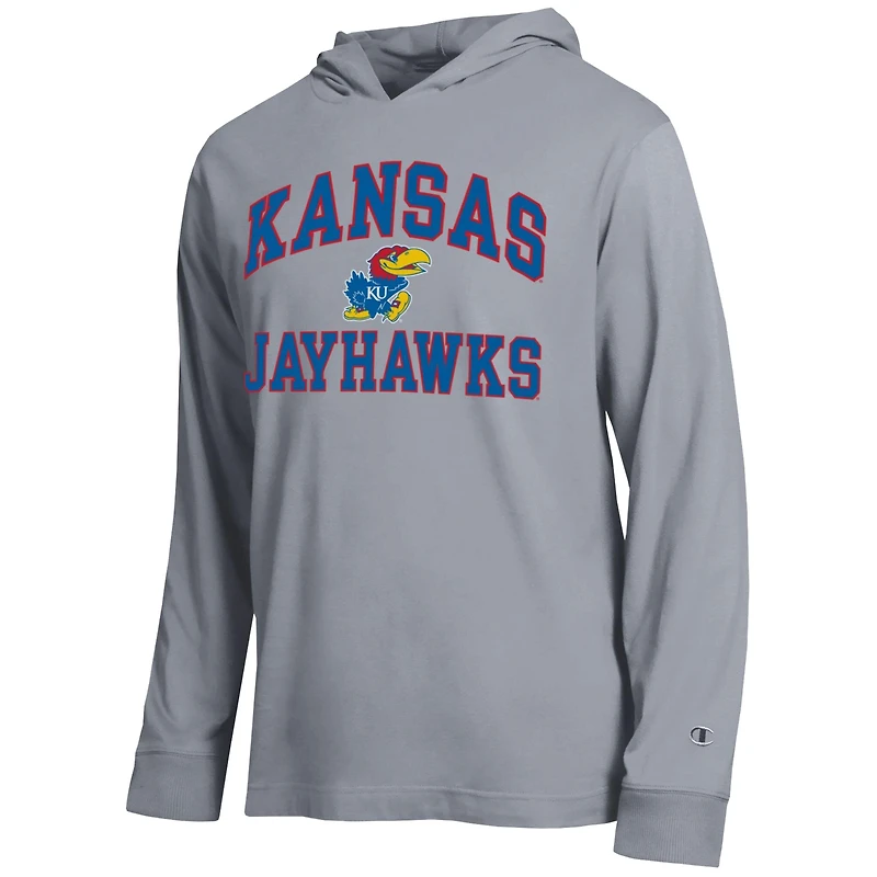 T-shirt à capuche manches longues Champion Kansas Jayhawks High Motor All-Star, gris chiné, pour homme