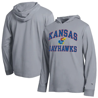 Men's Champion  Heather Gray Kansas Jayhawks High Motor All-Star Long Sleeve Hooded T-Shirt