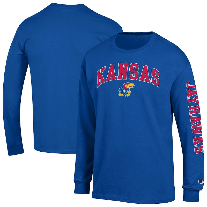 Men's Champion  Royal Kansas Jayhawks Arch Over Logo 2-Hit Long Sleeve T-Shirt