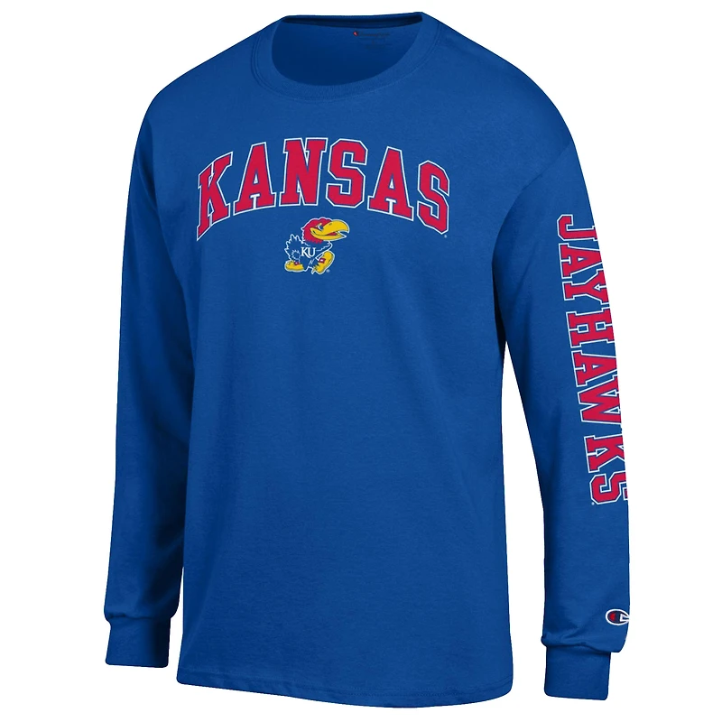 Men's Champion  Royal Kansas Jayhawks Arch Over Logo 2-Hit Long Sleeve T-Shirt