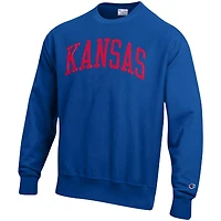 Men's Champion Royal Kansas Jayhawks Relaxed Fit Arch Reverse Weave Pullover Sweatshirt